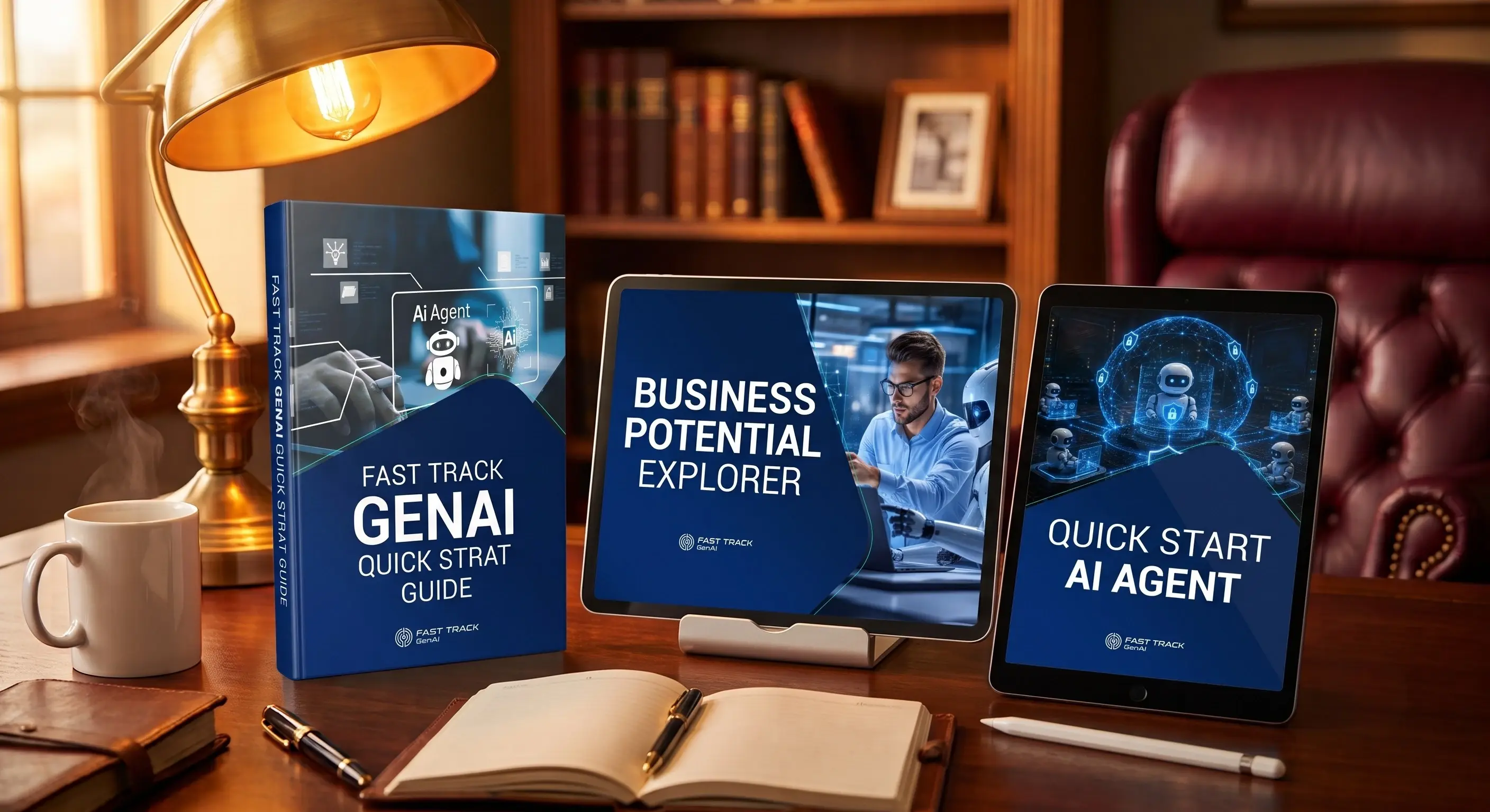 AI Business Strike Team — Fast Track Quick-Start Guide, Business Potential Explorer, and Interactive Quick-Start AI Agent on desk