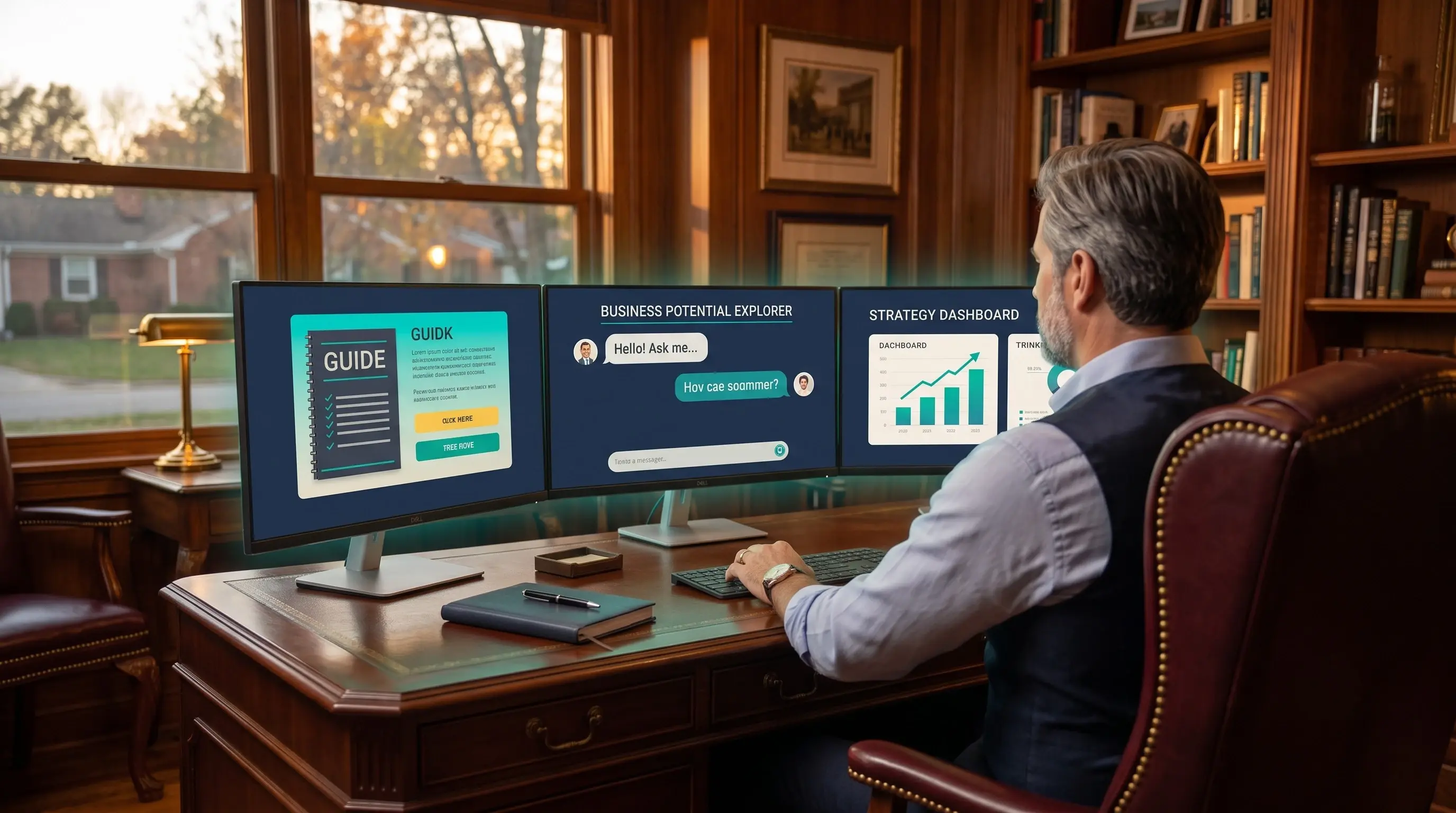 Founder using AI Business Strike Team tools — Guide, Business Potential Explorer, and Strategy Dashboard live on screen